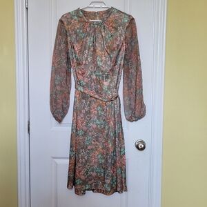 Vintage dress green flowers forest fairy polyester ILGWU 1970s boho feminine